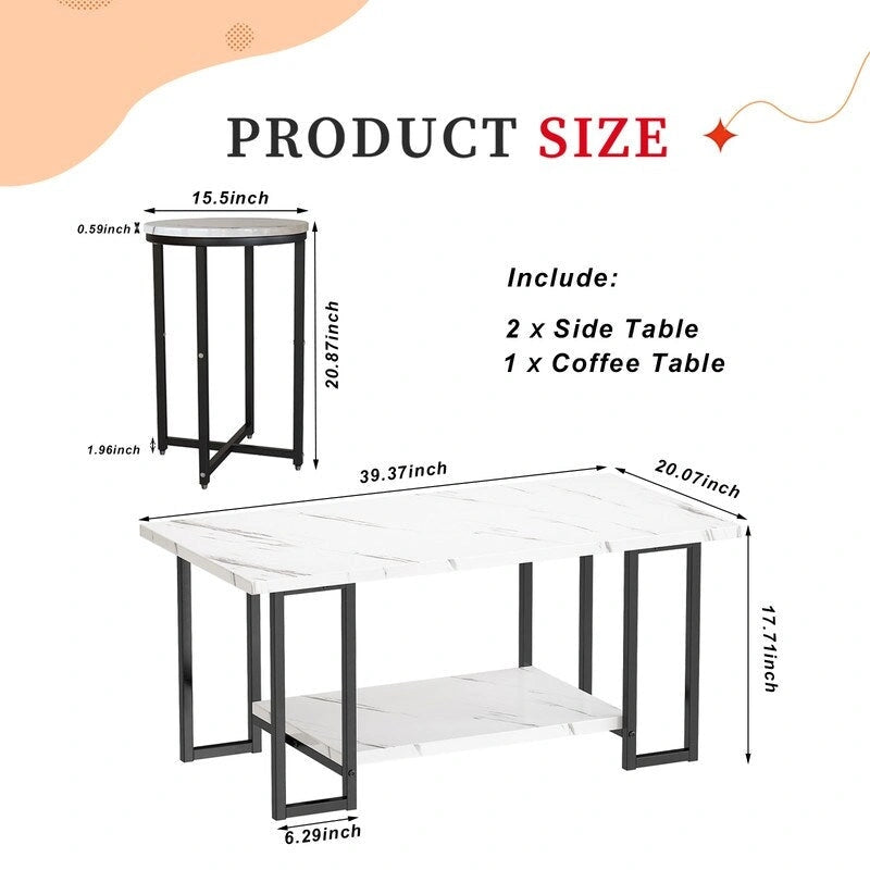 Ensemble de 3 tables basses de style moderne avec 2 tables d'appoint, ensemble de 3 tables de salon avec plateau en faux marbre