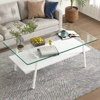 Table basse rectangulaire, plateau en verre trempé avec pieds en métal blanc, table moderne pour salon, verre transparent
