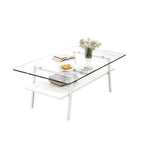 Table basse rectangulaire, plateau en verre trempé avec pieds en métal blanc, table moderne pour salon, verre transparent