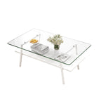 Table basse rectangulaire, plateau en verre trempé avec pieds en métal blanc, table moderne pour salon, verre transparent