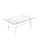 Table basse rectangulaire, plateau en verre trempé avec pieds en métal blanc, table moderne pour salon, verre transparent