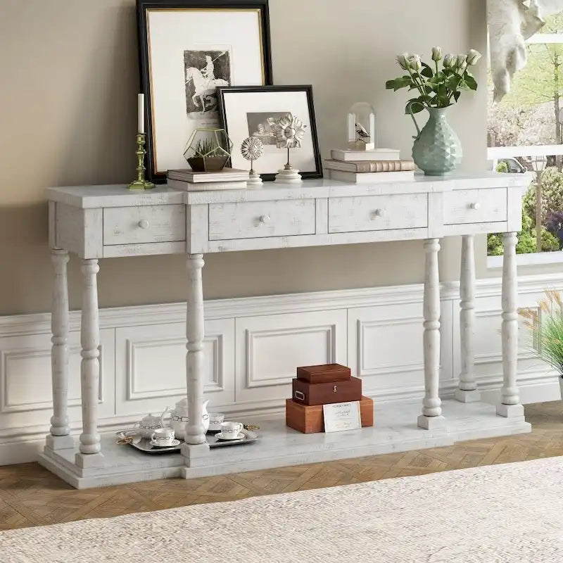 Console de style rétro pour entrée, salon ou chambre, avec 4 tiroirs de rangement et 1 étagère