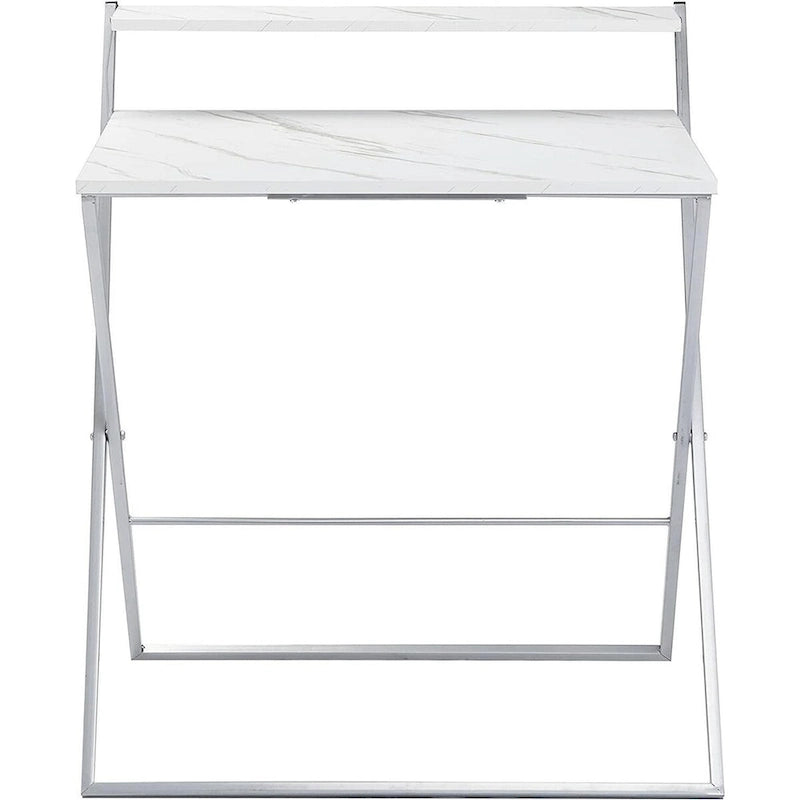 Bureau informatique compact pliable à 2 niveaux, plateau en marbre avec cadre argenté