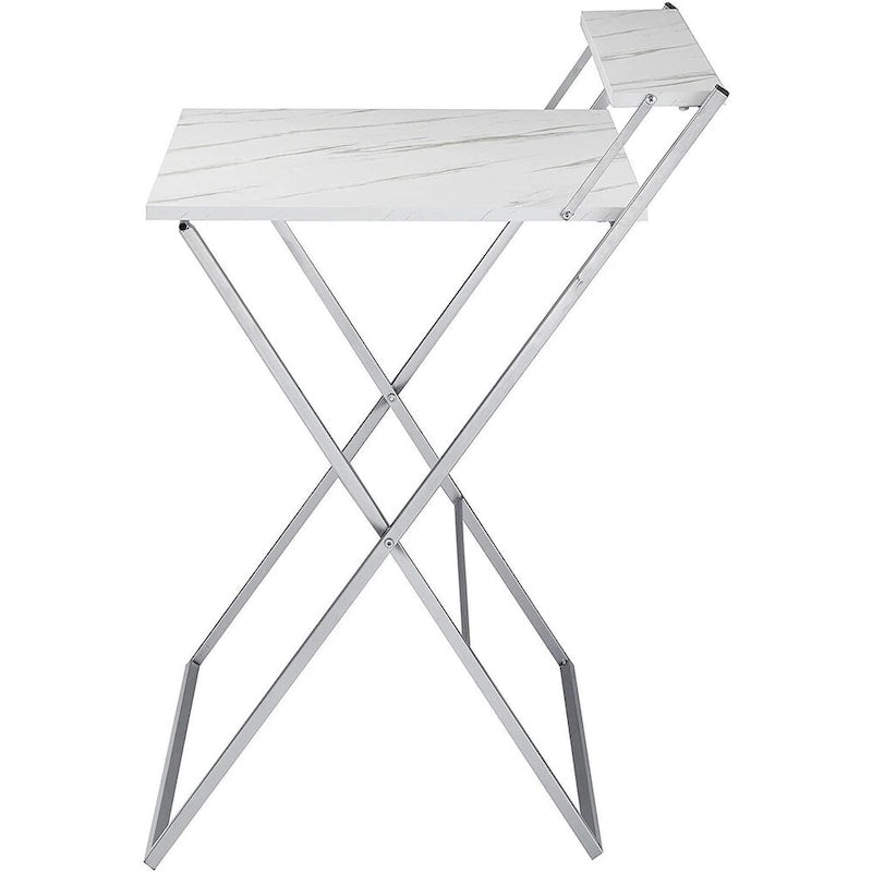 Bureau informatique compact pliable à 2 niveaux, plateau en marbre avec cadre argenté