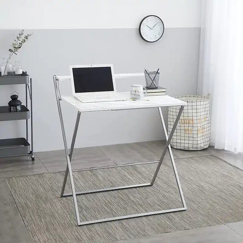 Bureau informatique compact pliable à 2 niveaux, plateau en marbre avec cadre argenté