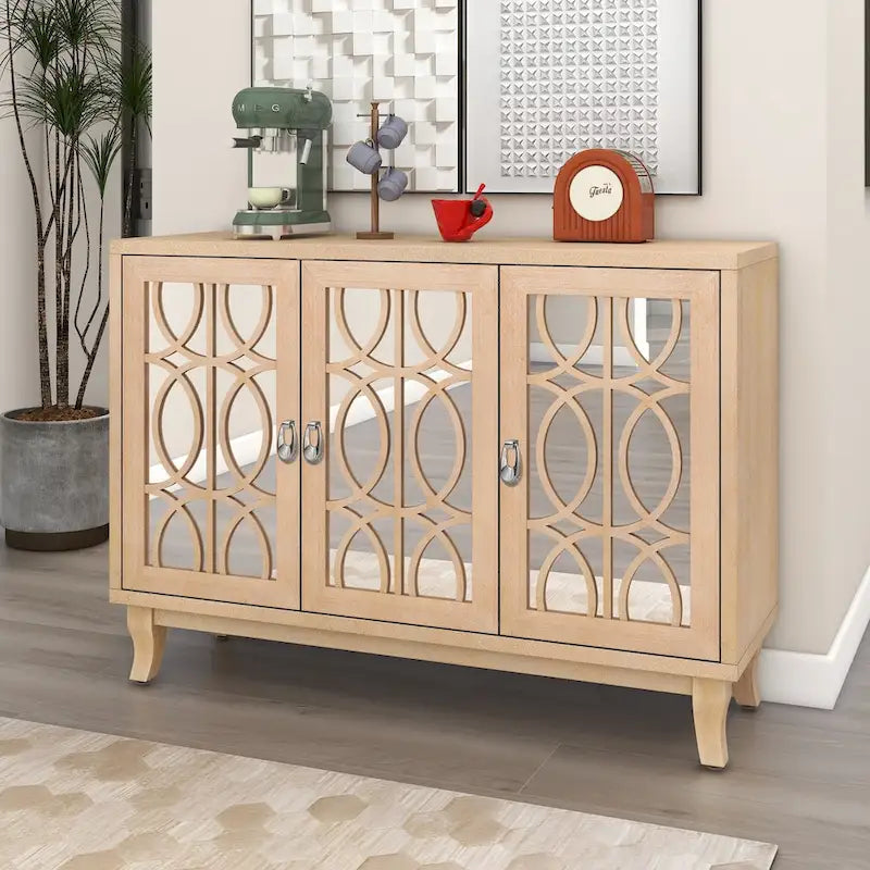3 Door Mirrored Buffet Cabinet with Silver Handle for Living room and Dining