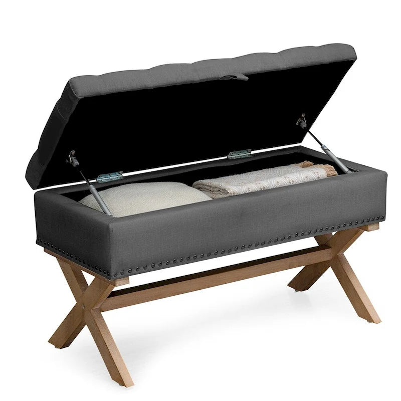Banc de rangement ottoman de 35 po, banc de rangement ottoman en lin capitonné
