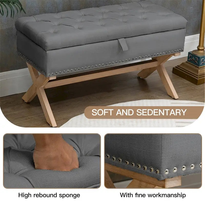 Banc de rangement ottoman de 35 po, banc de rangement ottoman en lin capitonné