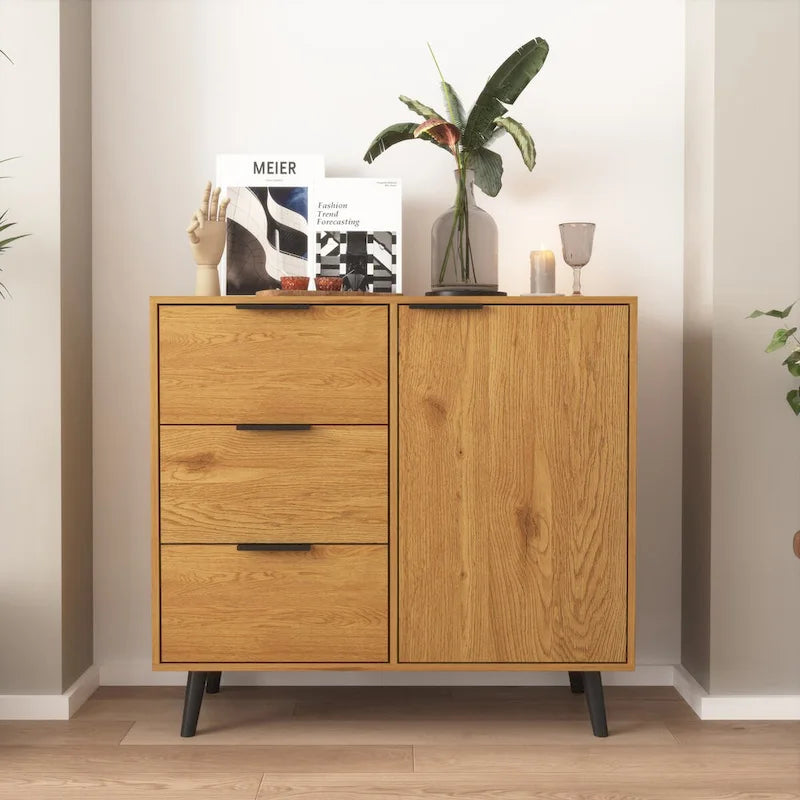 Meuble de Rangement avec 3 Tiroirs et Étagère Réglable, Meuble Mid-Century avec Porte, Meuble d'Appoint, Couleur Bois Naturel