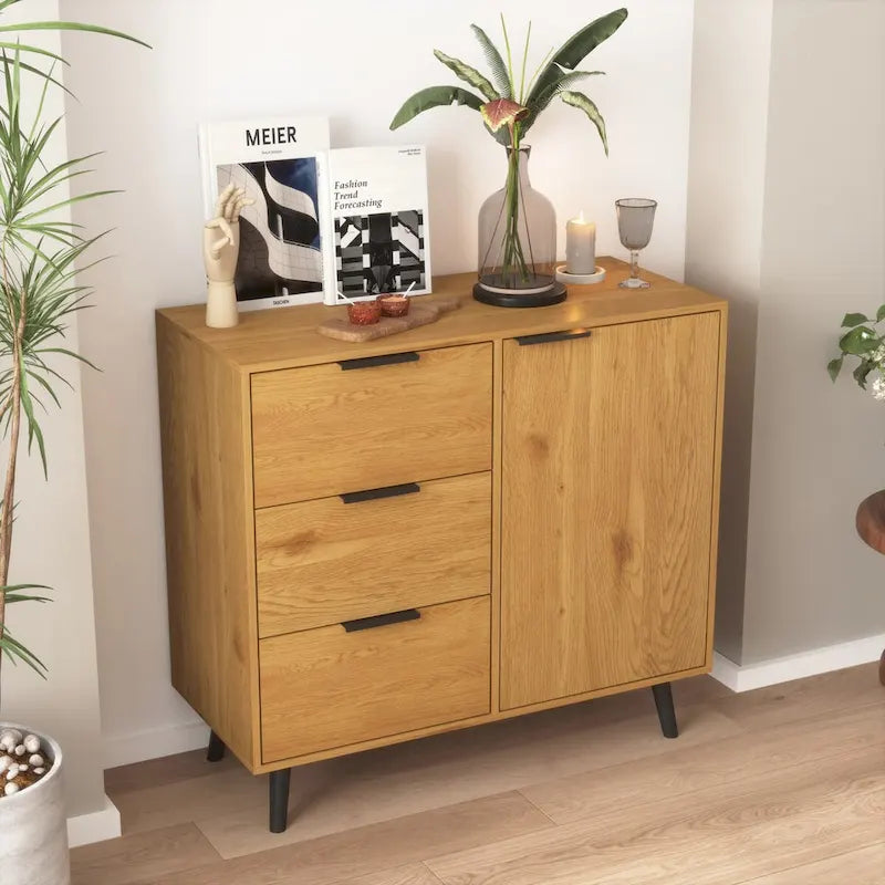 Meuble de Rangement avec 3 Tiroirs et Étagère Réglable, Meuble Mid-Century avec Porte, Meuble d'Appoint, Couleur Bois Naturel
