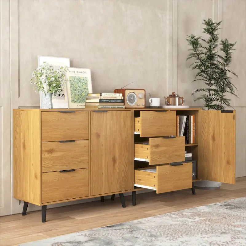 Meuble de Rangement avec 3 Tiroirs et Étagère Réglable, Meuble Mid-Century avec Porte, Meuble d'Appoint, Couleur Bois Naturel