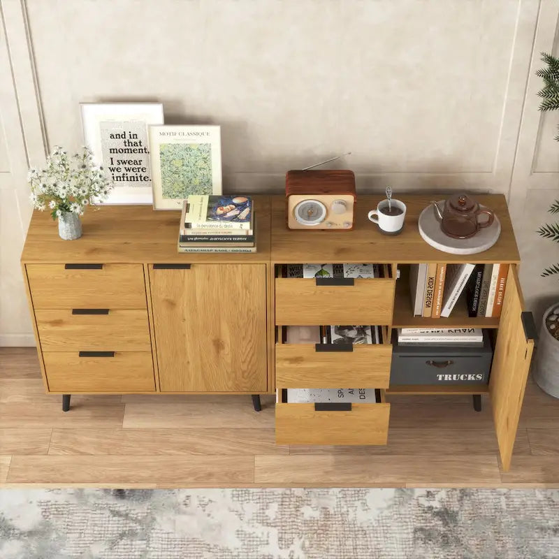 Meuble de Rangement avec 3 Tiroirs et Étagère Réglable, Meuble Mid-Century avec Porte, Meuble d'Appoint, Couleur Bois Naturel