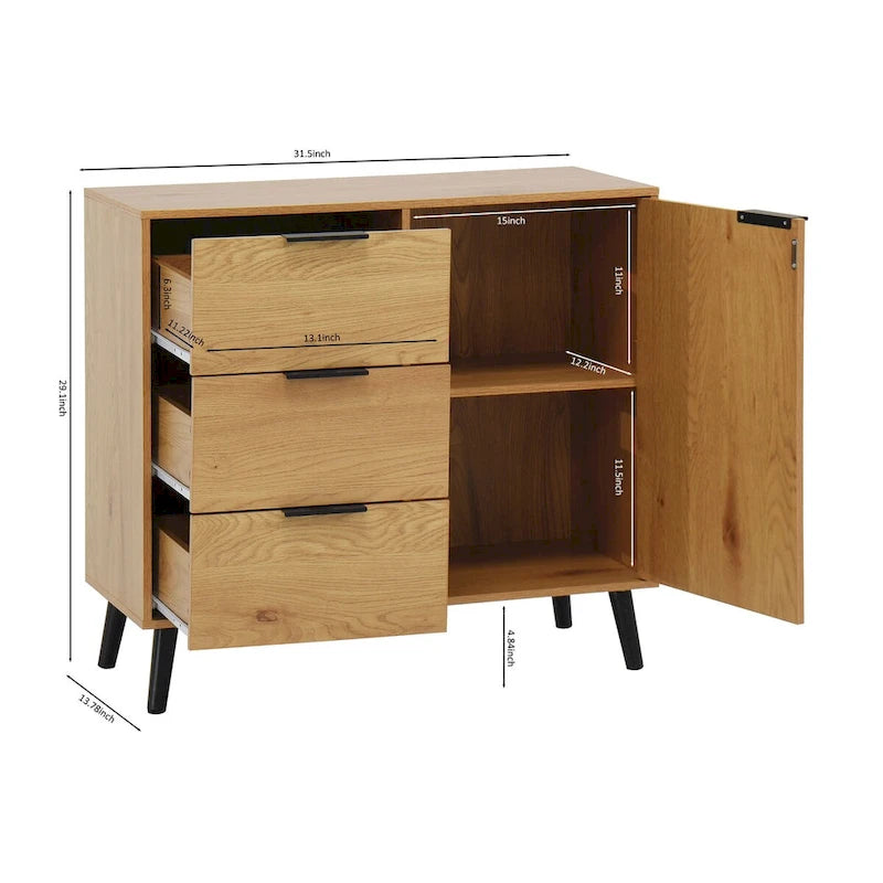 Meuble de Rangement avec 3 Tiroirs et Étagère Réglable, Meuble Mid-Century avec Porte, Meuble d'Appoint, Couleur Bois Naturel