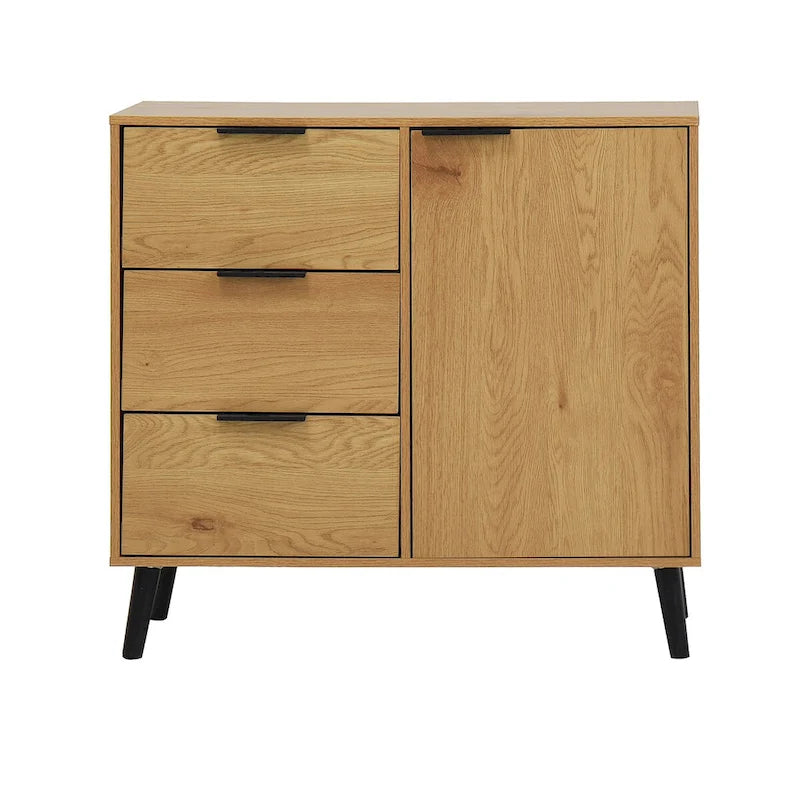 Meuble de Rangement avec 3 Tiroirs et Étagère Réglable, Meuble Mid-Century avec Porte, Meuble d'Appoint, Couleur Bois Naturel