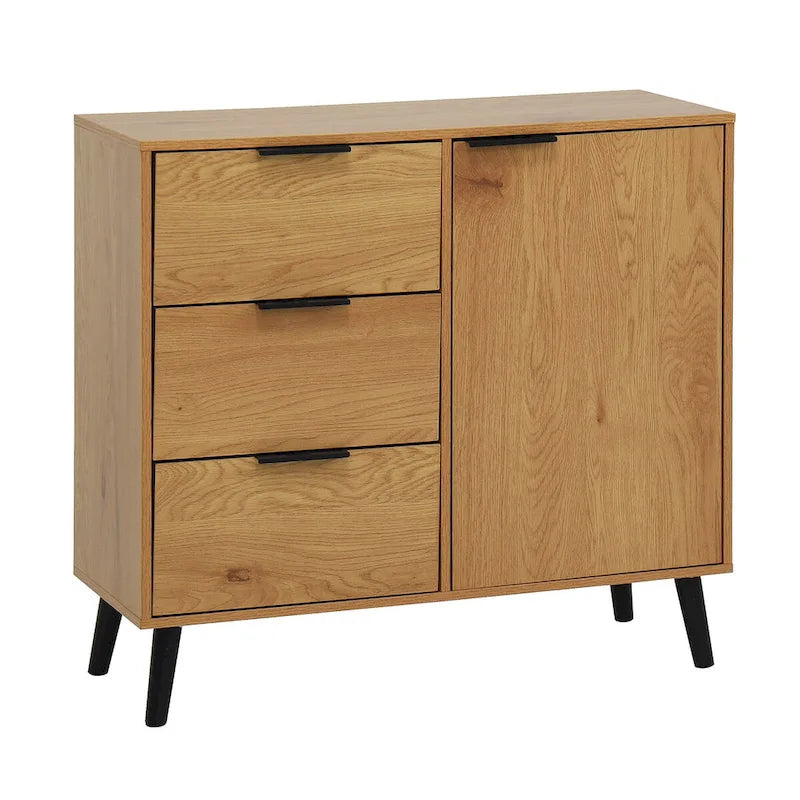 Meuble de Rangement avec 3 Tiroirs et Étagère Réglable, Meuble Mid-Century avec Porte, Meuble d'Appoint, Couleur Bois Naturel