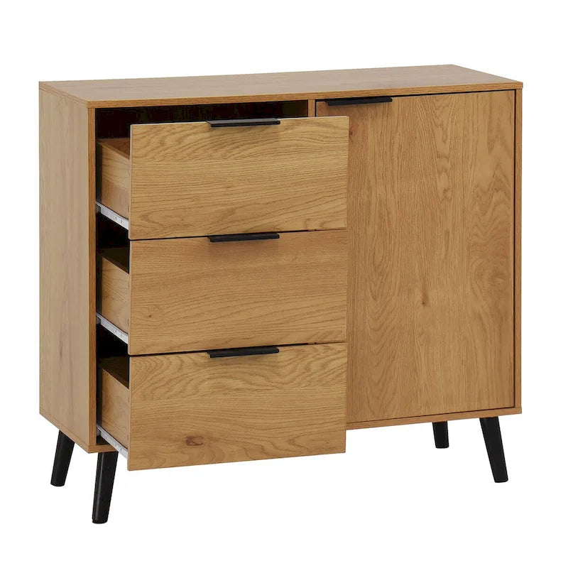 Meuble de Rangement avec 3 Tiroirs et Étagère Réglable, Meuble Mid-Century avec Porte, Meuble d'Appoint, Couleur Bois Naturel
