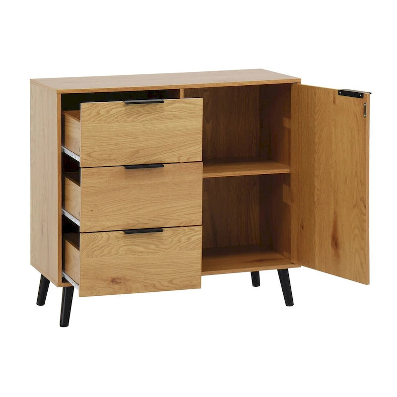 Meuble de Rangement avec 3 Tiroirs et Étagère Réglable, Meuble Mid-Century avec Porte, Meuble d'Appoint, Couleur Bois Naturel
