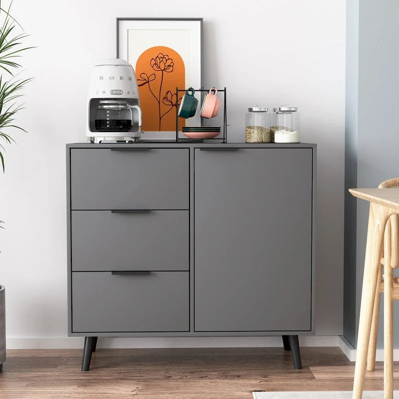 Meuble de Rangement avec 3 Tiroirs et Étagère Réglable, Meuble Mid-Century avec Porte, Meuble d'Appoint, Couleur Bois Naturel