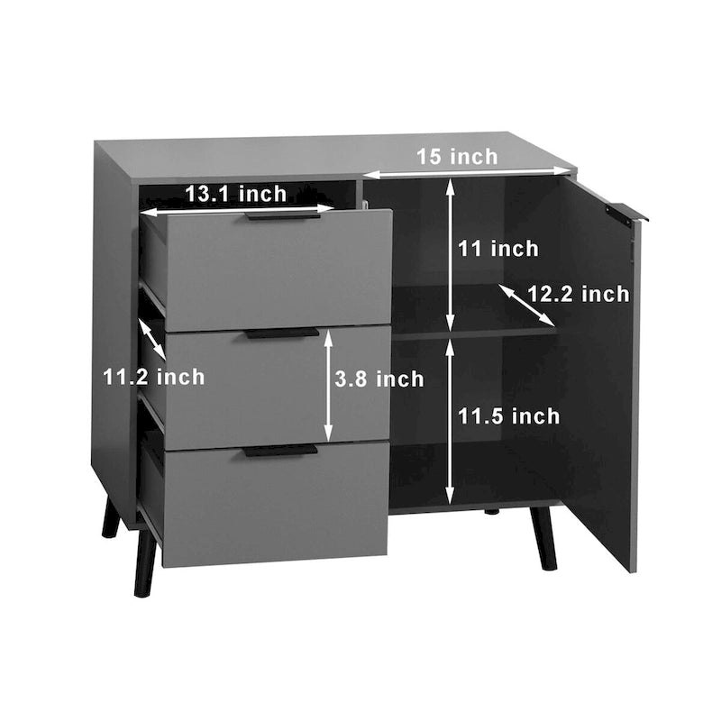 Meuble de Rangement avec 3 Tiroirs et Étagère Réglable, Meuble Mid-Century avec Porte, Meuble d'Appoint, Couleur Bois Naturel