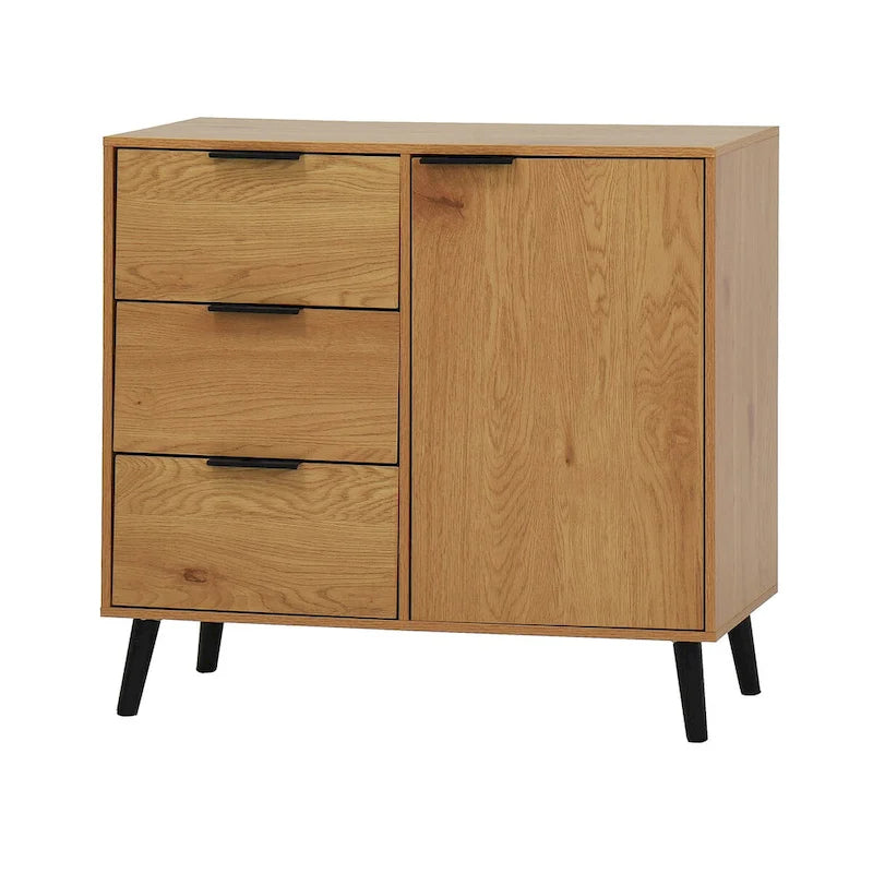 Meuble de Rangement avec 3 Tiroirs et Étagère Réglable, Meuble Mid-Century avec Porte, Meuble d'Appoint, Couleur Bois Naturel