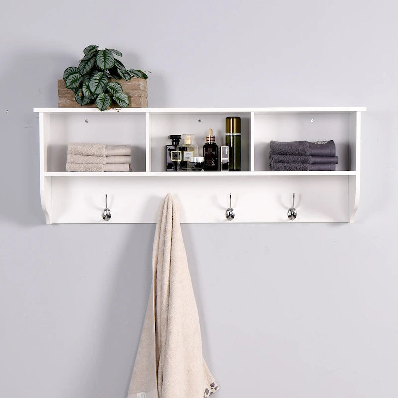 Porte-manteau mural blanc pour entrée avec 4 crochets doubles et étagère de rangement en bois pour salon